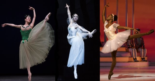 Dutch National Ballet, left to right: Qian Liu in Jewels (photo Angela Sterling), Sasha Mukhamedov in Giselle (photo Angela Sterling), Michaela DePrince in Coppelia (photo Marc Haegeman)