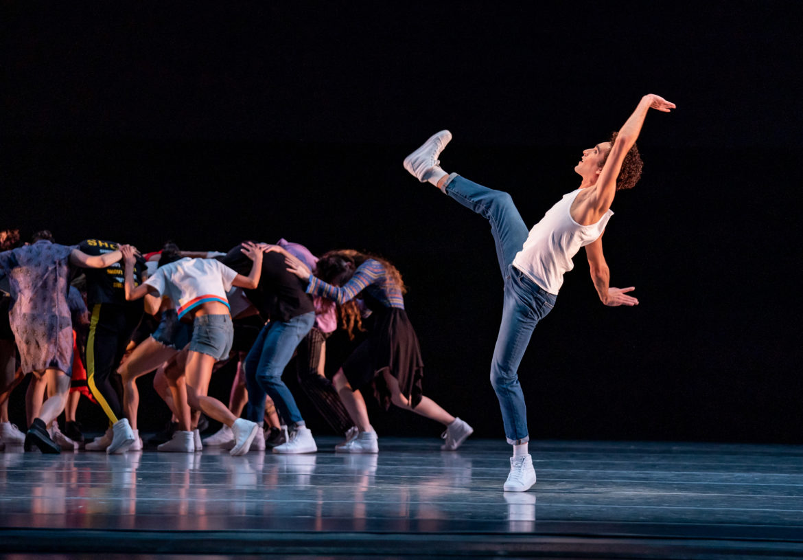 Joffrey Artist Edson Barbosa and ensemble in The Times Are Racing. Photo by Cheryl Mann